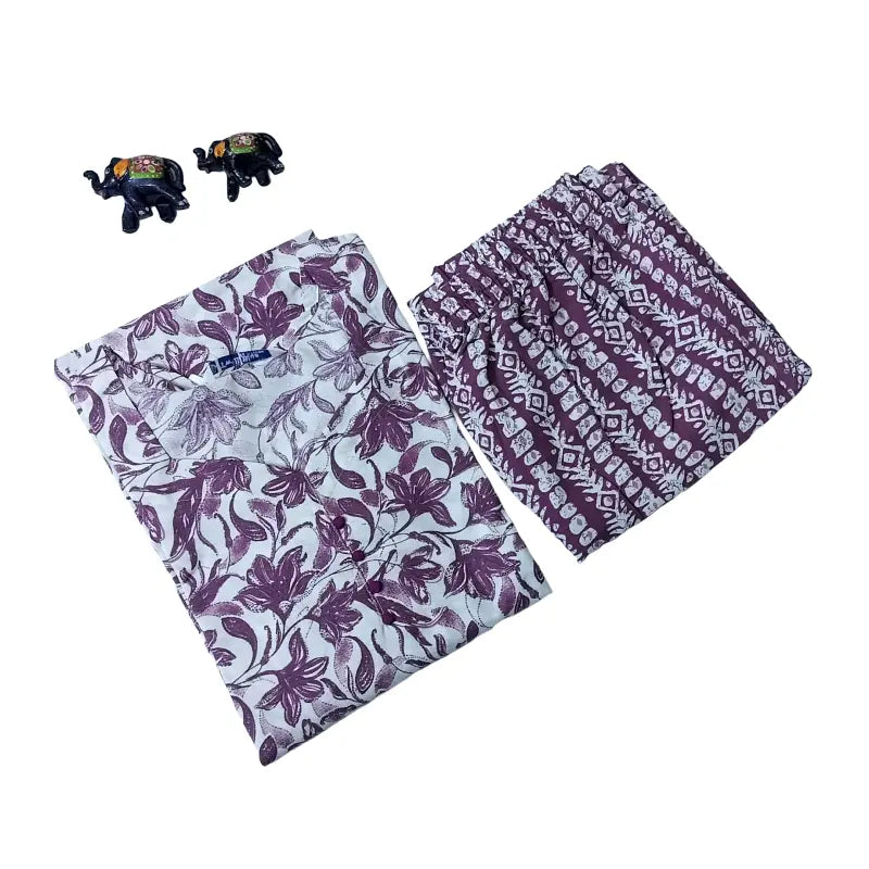Women kurti with pant  | White and light purple floral print