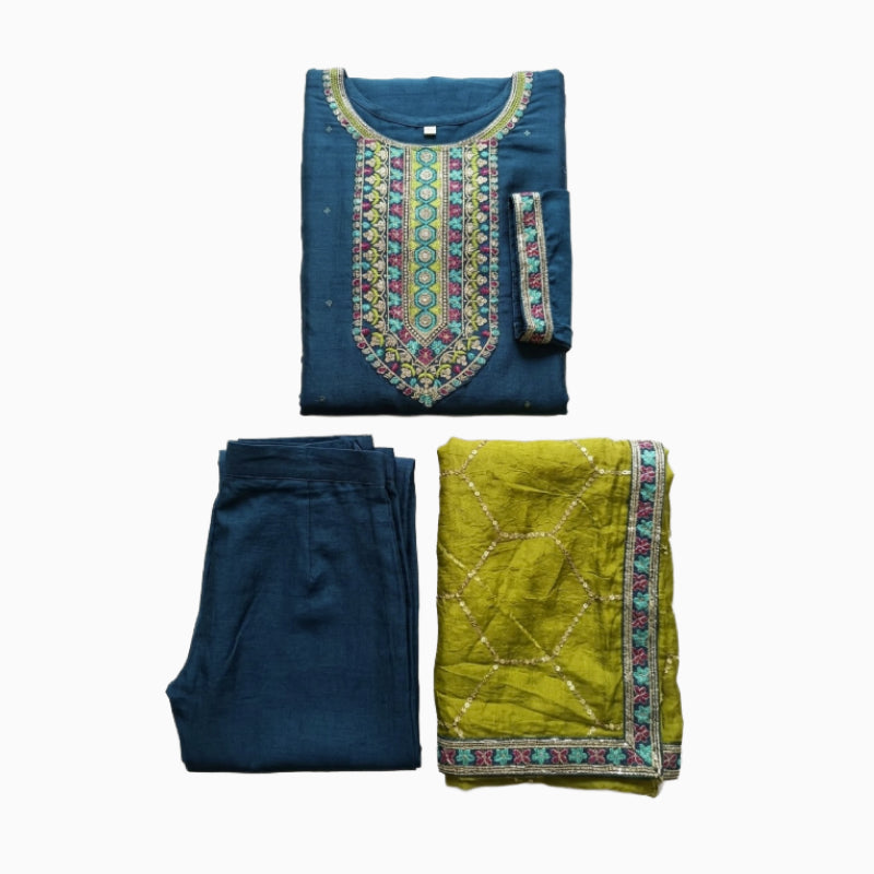 Women kurti with pant and dupatta | Straight cut | Soft chinon silk Rama green kurti set
