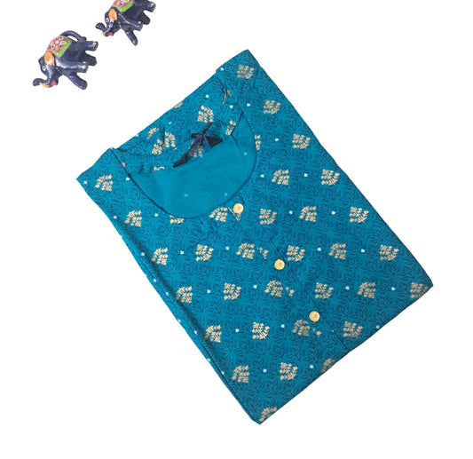 Women Kurti | Straight cut |Rama green with all over print and bhutta