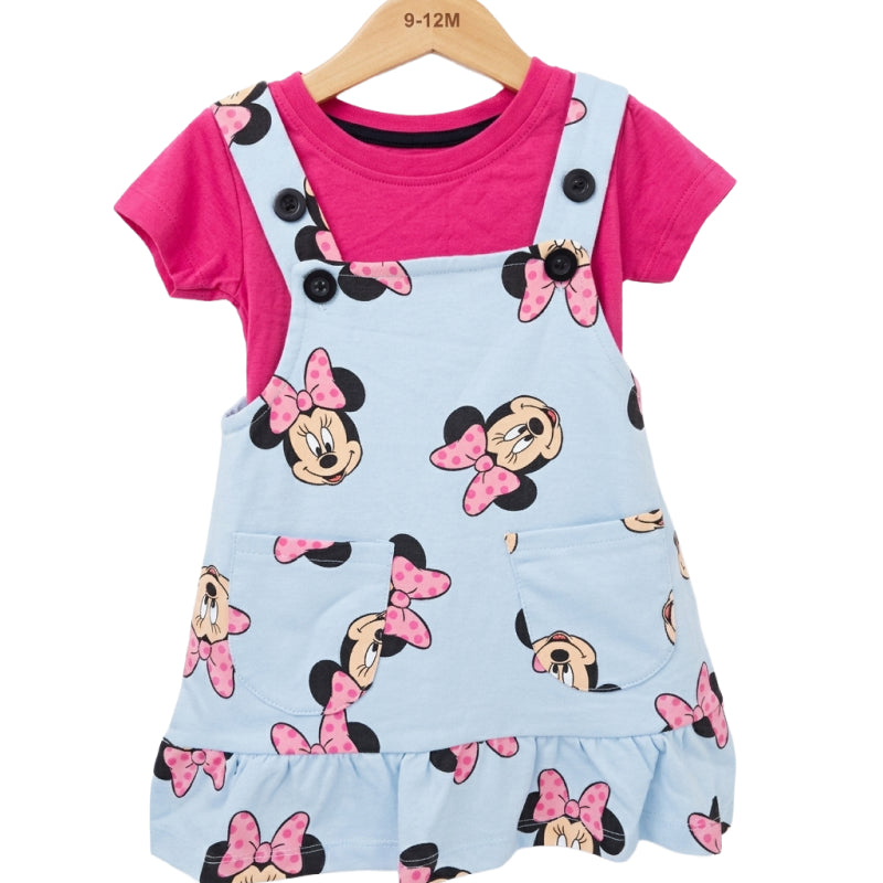 Girls hosiery Cotton Dungaree frock | Rani pink | Mickey mouse print
