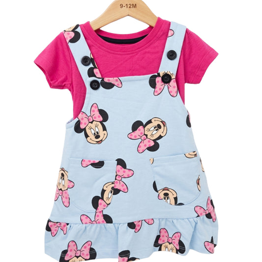Girls hosiery Cotton Dungaree frock | Rani pink | Mickey mouse print