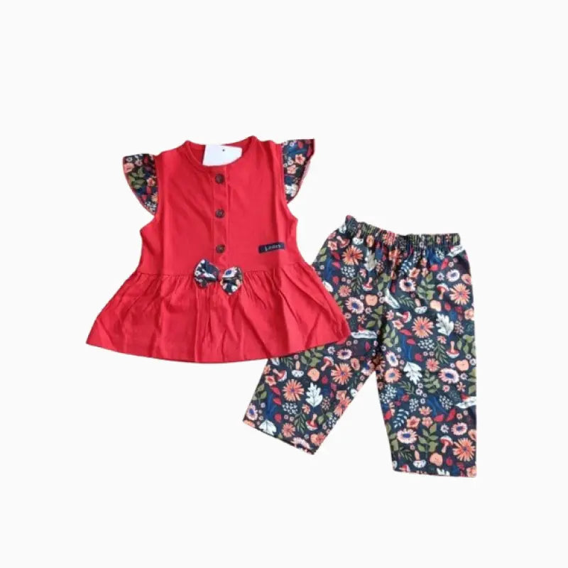 Cotton Girls Capri Set | Red Floral print