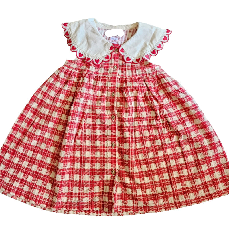 Girls Designer Frocks | Red checks and flower collar
