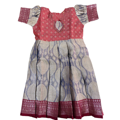 Girls Ethnic Kanchi silk type Frock | Red Maroon with light purple