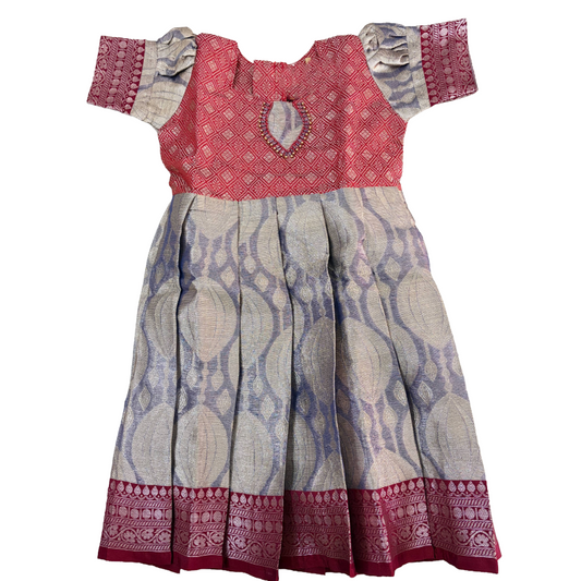 Girls Ethnic Kanchi silk type Frock | Red Maroon with light purple