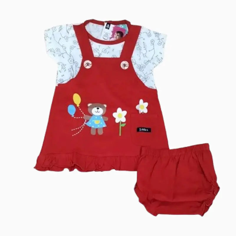 Baby dungaree frock Sets | Red Teddy print