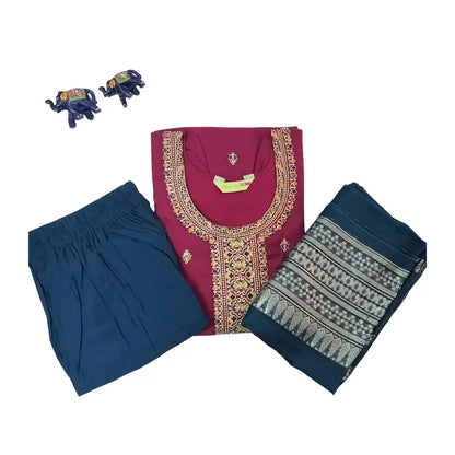 Women kurti with pant and dupatta | Dark Pinkish maroon with embroidery and bhutta