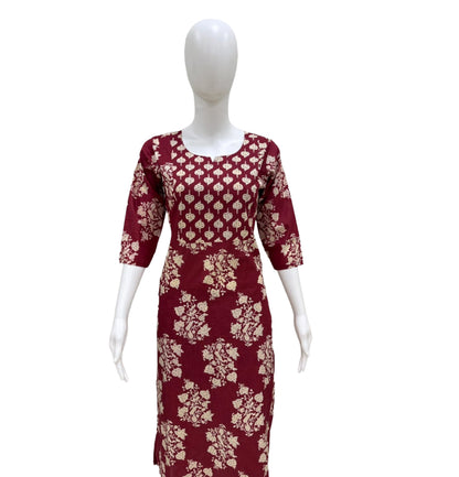 Women Kurti | Straight cut | Red maroon with leaf design
