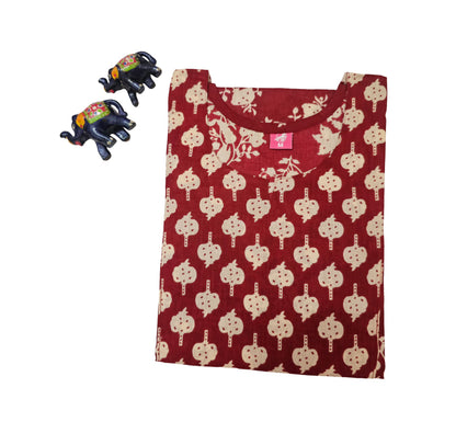 Women Kurti | Straight cut | Red maroon with leaf design