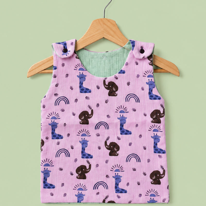 Baby Muslin reversible Shirt |  Button Jabla | Pink Animal print & Light Pista green