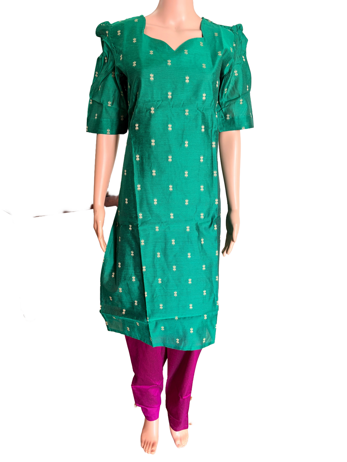 Women kurti with pant and dupatta | Straight cut Green with Majenta(Neck pattern 3) l silkcotton