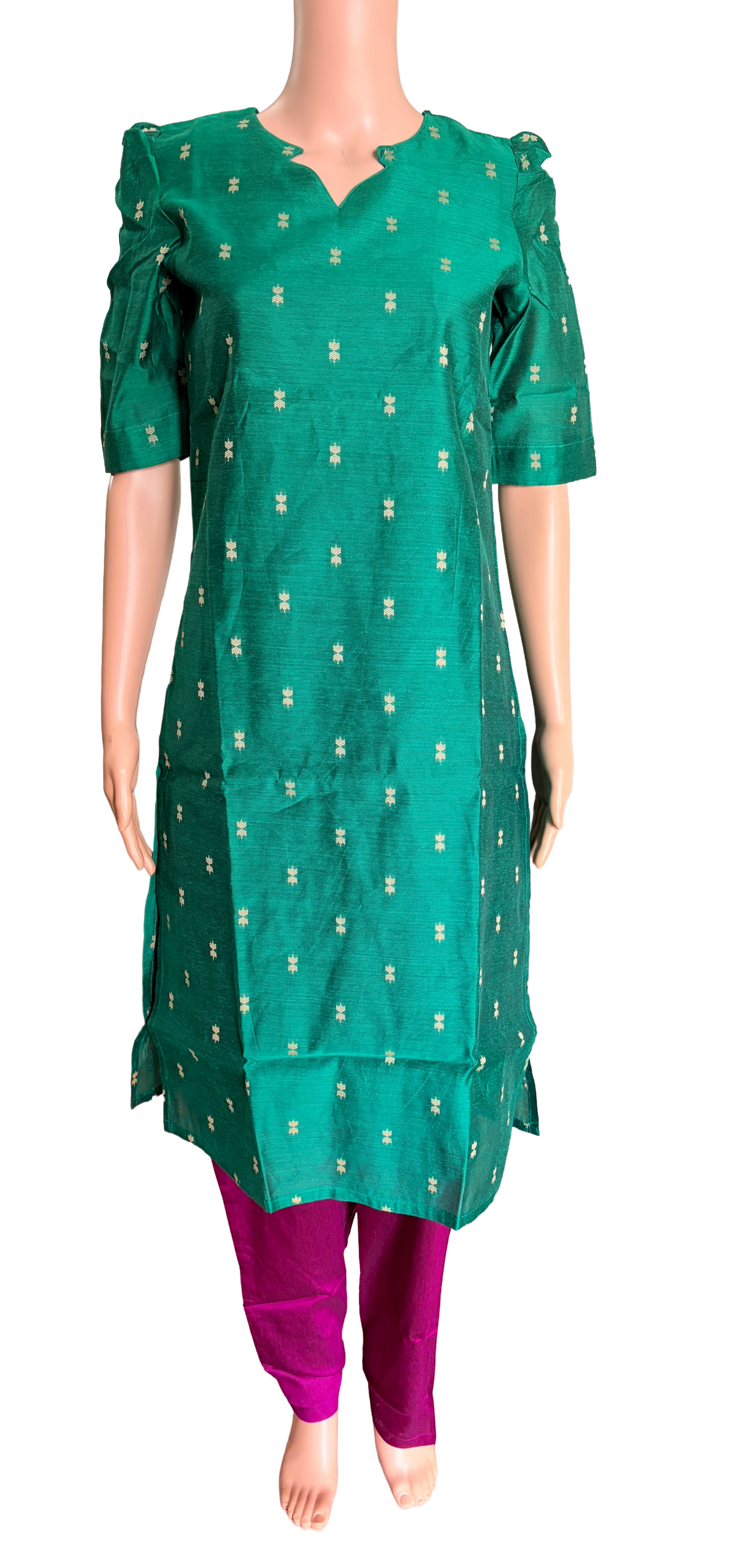 Women kurti with pant and dupatta | Straight cut Green with Majenta(Neck pattern 4) l silkcotton