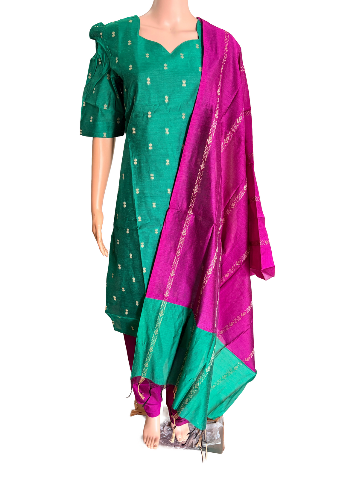 Women kurti with pant and dupatta | Straight cut Green with Majenta(Neck pattern 3) l silkcotton
