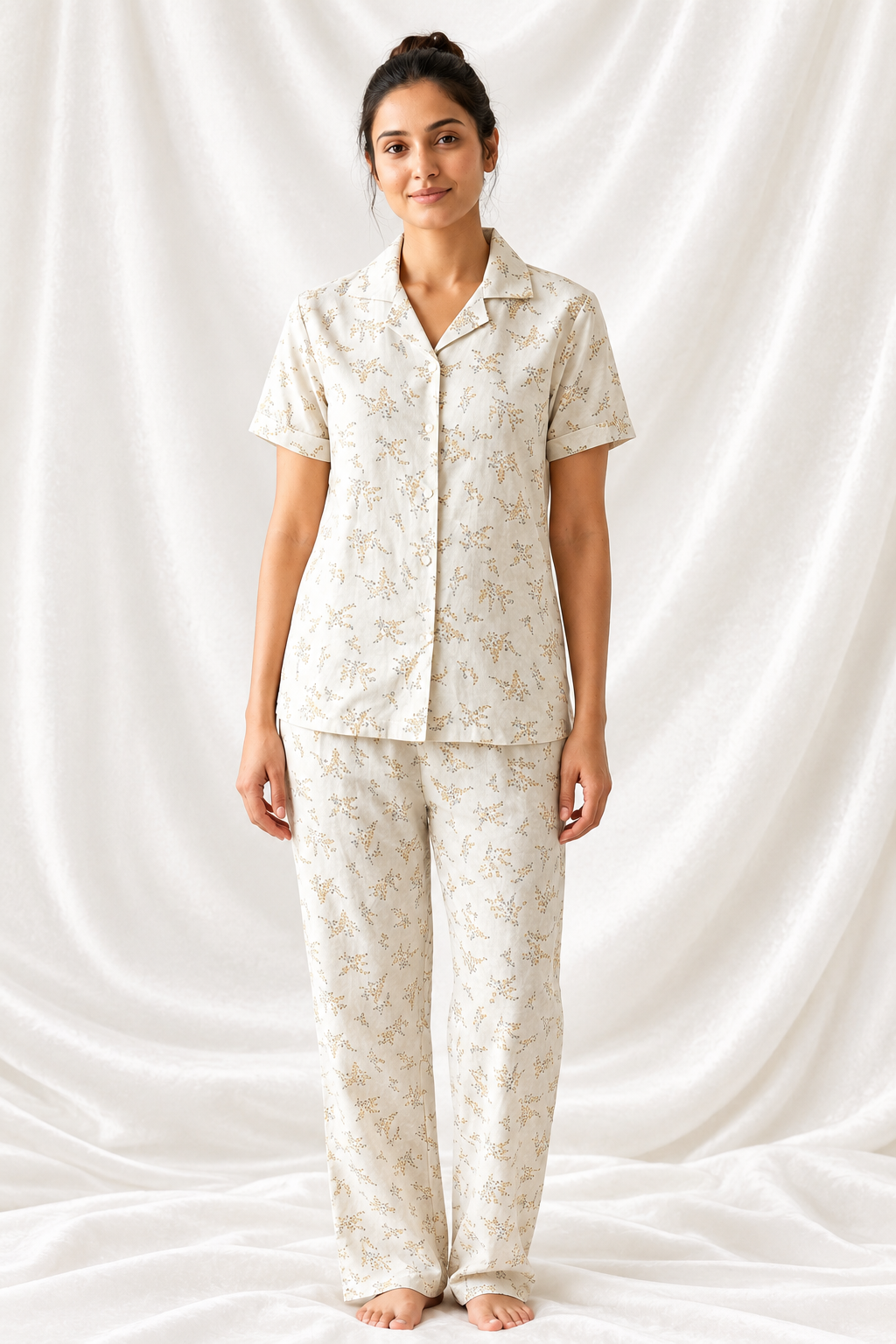 Women Collared Co-ord  shirt Pant set | Mustard bloom with oatmeal color