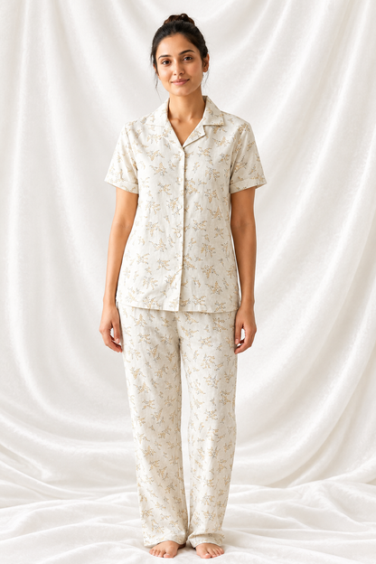Women Collared Co-ord  shirt Pant set | Mustard bloom with oatmeal color