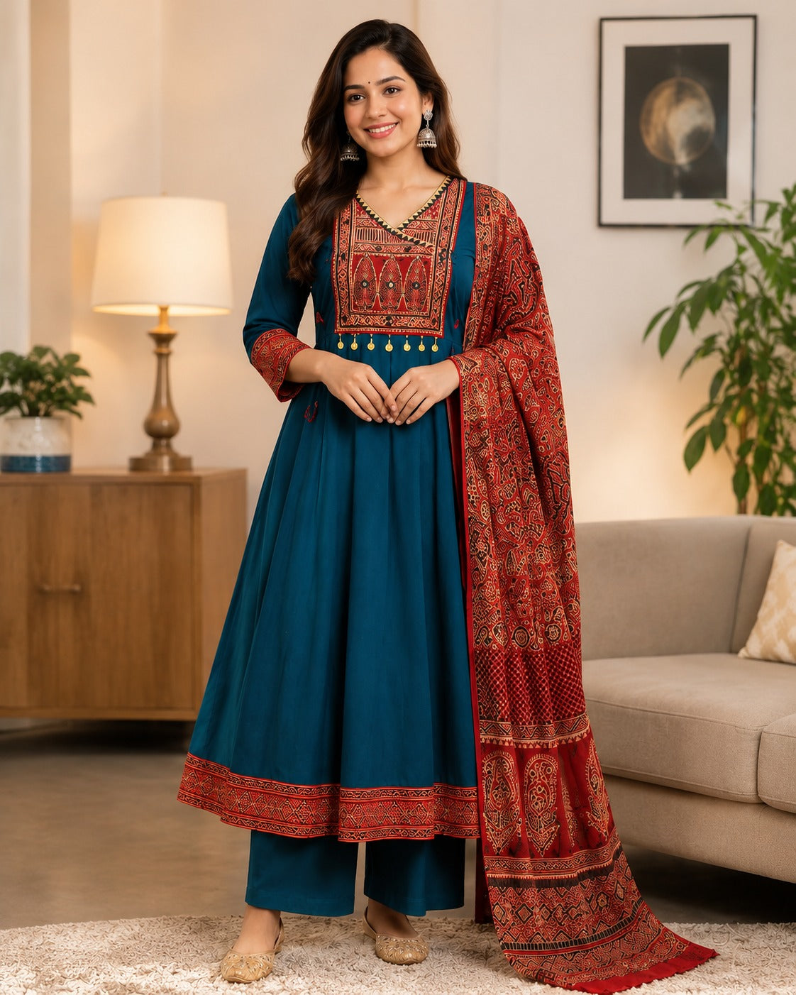 Women Anarkali top with palazzo pant and dupatta | Peacock blue color 3 piece sets | Dabuset|