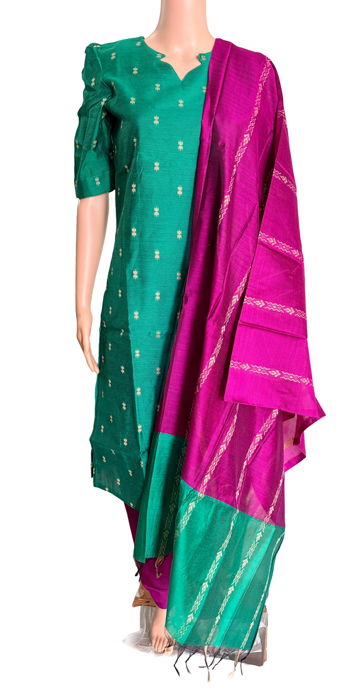 Women kurti with pant and dupatta | Straight cut Green with Majenta(Neck pattern 4) l silkcotton