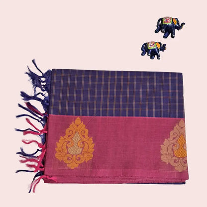 Premium Pure Kovai Cotton Saree | Dark Purple checks with beautiful bhutta in contract border