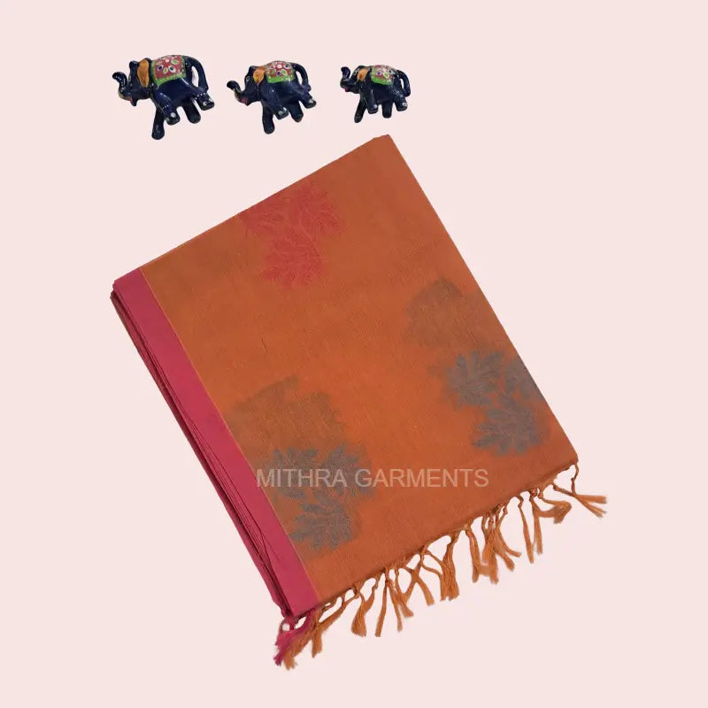 Premium Pure Kovai Cotton Saree | Orangish Yellow with Bhuttas all over body and pink color border