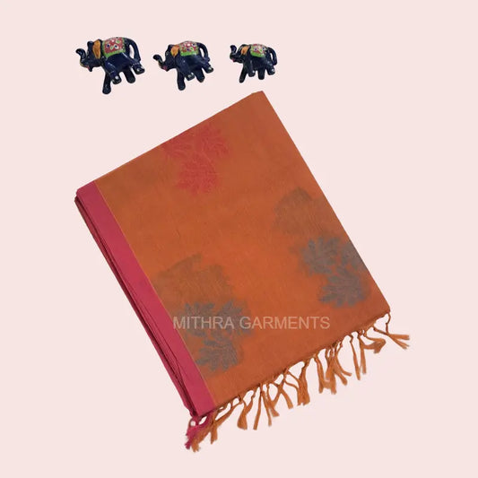 Premium Pure Kovai Cotton Saree | Orangish Yellow with Bhuttas all over body and pink color border