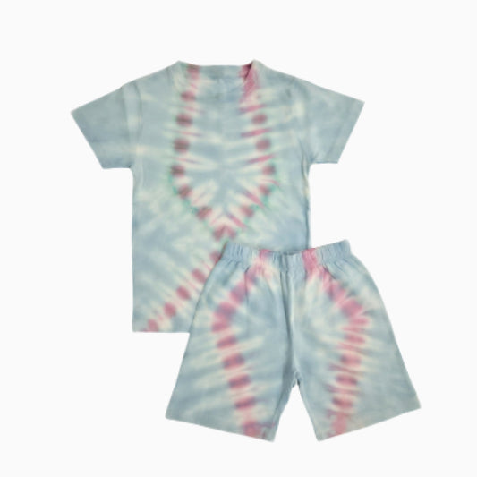 Premium| T-shirt with Shorts sets| Hand Tie-dyed | BSET | Sky blue and pink mixed print