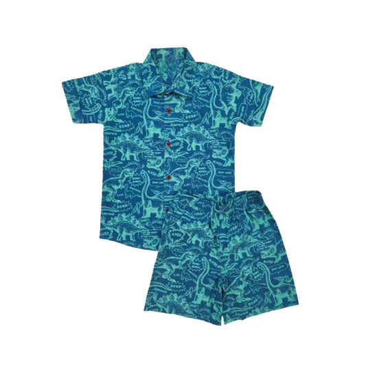 Woven shirt with shorts set| Blue and light green mixed dino print