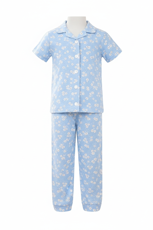 Kids Night Pant Set | Light sky blue with flowers print
