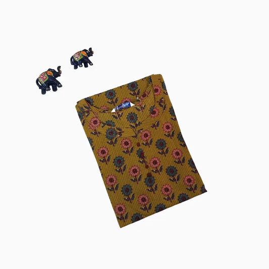 Women Kurti | Straight cut | Kantha Cotton floral mustard color| Kurti Only