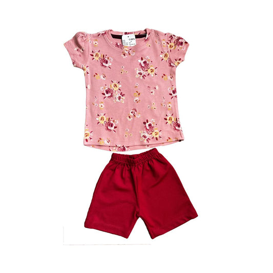 Girls Shorts Set -Dark pink flora