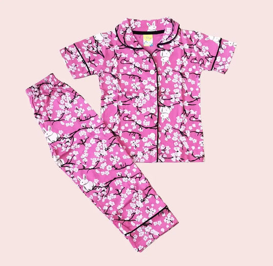 Kids Night Pant Set | Pink Flowers print
