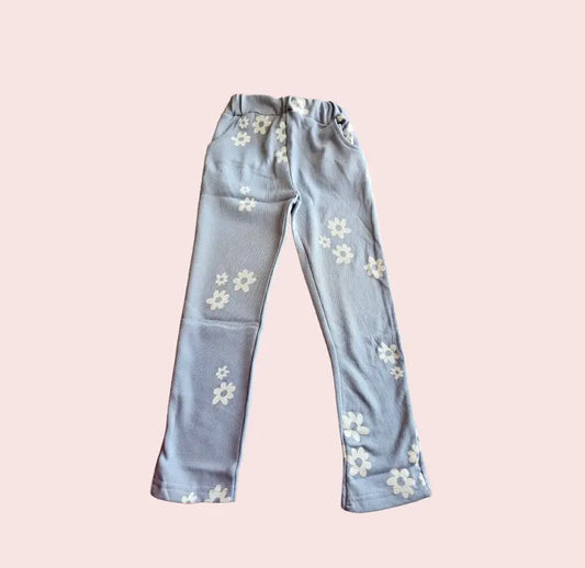 Girls Pants | White flowers in mild sky blue