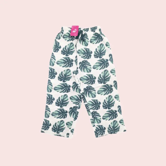 Women Capri Pant | Green leaves in white | CAPRIS