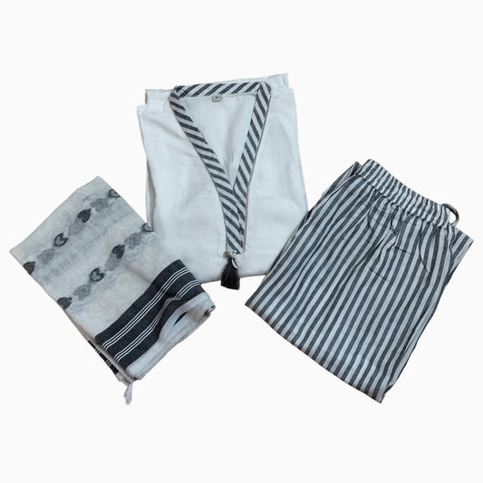 Women kurti with pant and dupatta | Straight cut | Half white Y neck with striped pants