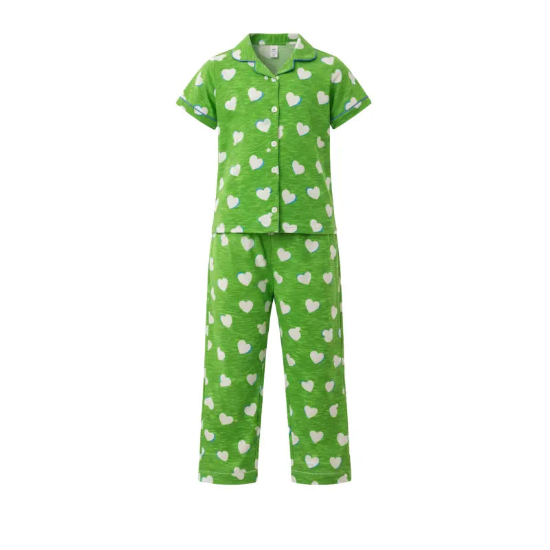 Kids Night Pant Set | Parrot green with white heart print