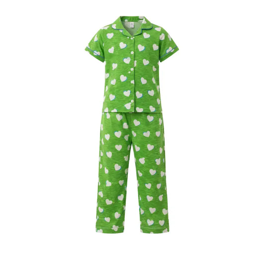 Kids Night Pant Set | Parrot green with white heart print