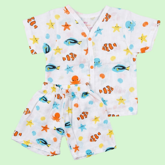 Baby Set - | Muslin Jabla shorts set ( Half sleeve) | White with sea animals print