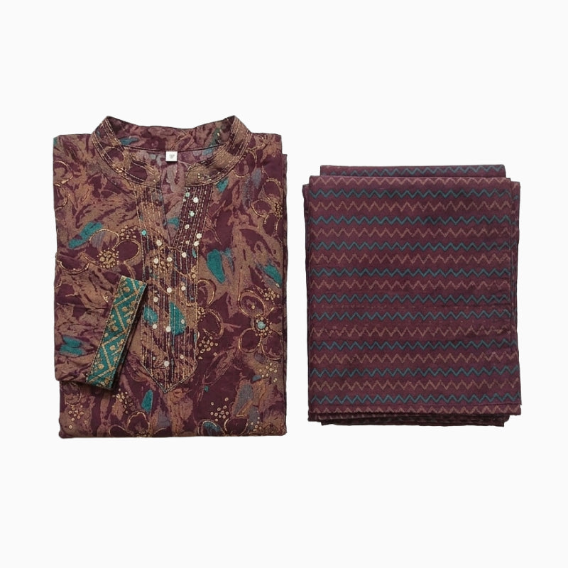 Women kurti with pant| Straight cut | Wine color with rama green patches