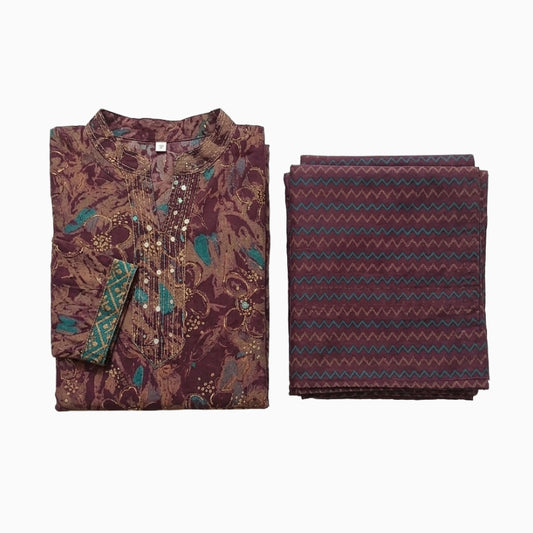 Women kurti with pant| Straight cut | Wine color with rama green patches