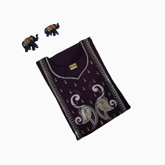 Women Kurti | Straight cut | Wine chiffon based with embroidery and embossed lines | only kurti