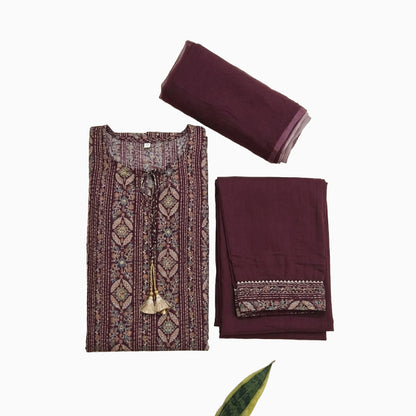 Women kurti with pant and dupatta | Straight cut | Wine color with sequence and hanging tassels