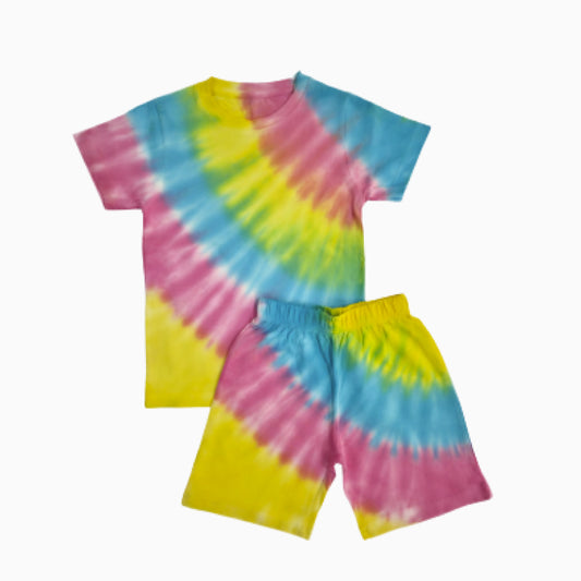 Premium| T-shirt with Shorts sets| Hand Tie-dyed | BSET | Yellow pink and blue mixed print