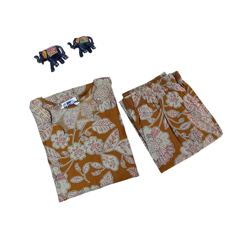 Women kurti with pant | co-ord set | Dark mustard leaves/floral print