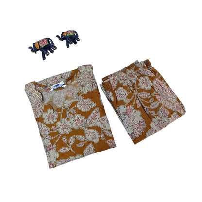 Women kurti with pant | co-ord set | Dark mustard leaves/floral print