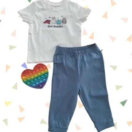 100% Cotton Kids Clothing Set - Short sleeve T-shirt with Full pants sets,  6 to 24 months | White tee best buddies with blue pant