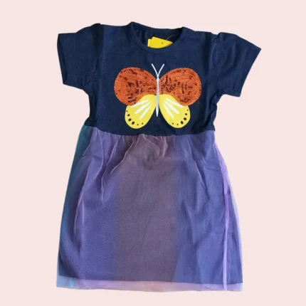 Girls hosiery cotton Frocks with net | Short Sleeve| NFROCK | Navy tee with butterfly