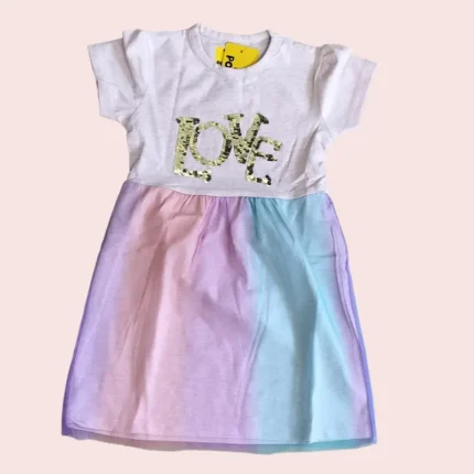 Girls hosiery cotton Frocks with net | Short Sleeve| NFROCK |White tee with gold love