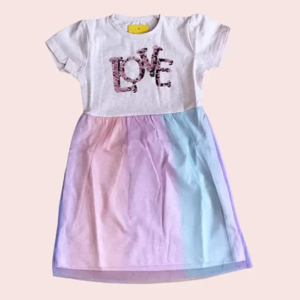Girls hosiery cotton Frocks with net | Short Sleeve| NFROCK | White tee with pink love